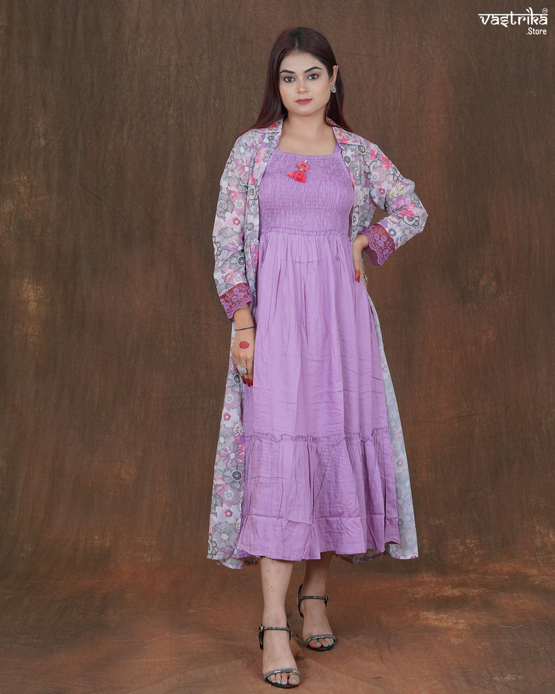 Amara Printed Frock & Handworked Georgette Shrug Set