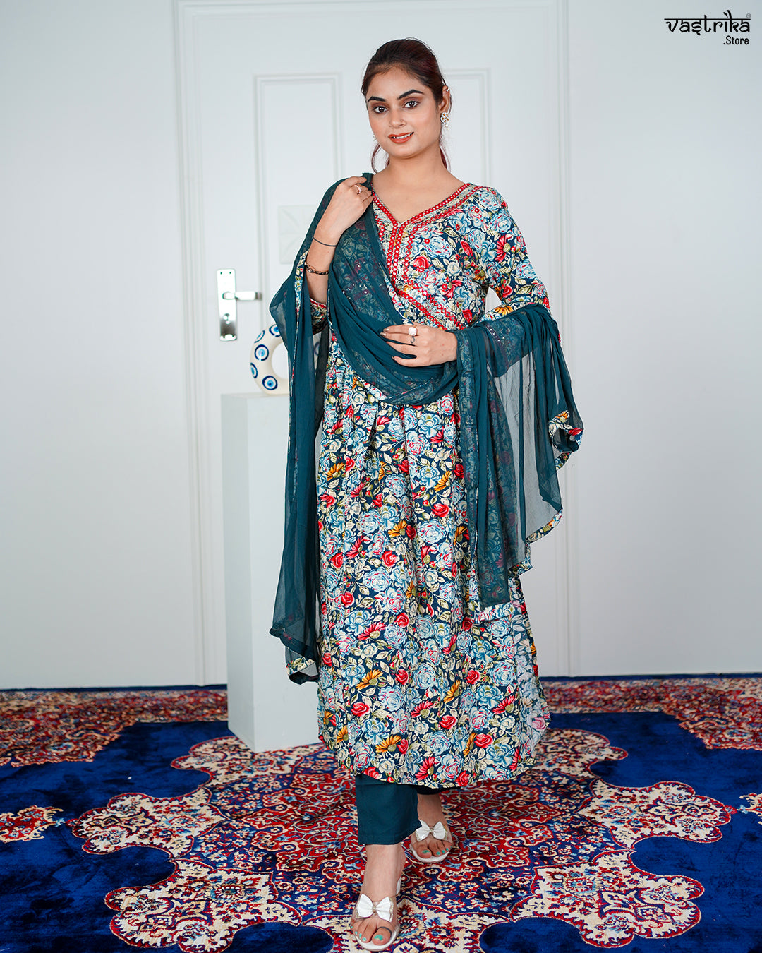 Firozi Ryon Cotton Aalia Cut Frock Set with Sequence & Thread Work