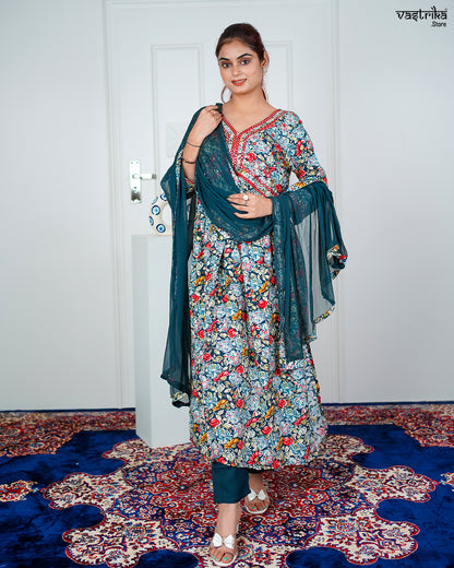 Firozi Ryon Cotton Aalia Cut Frock Set with Sequence & Thread Work