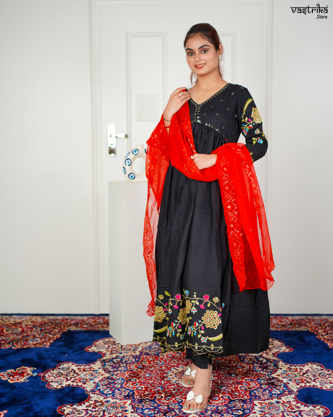 Black Ryon Cotton Aalia Cut Frock Set with Sequence & Resham Work