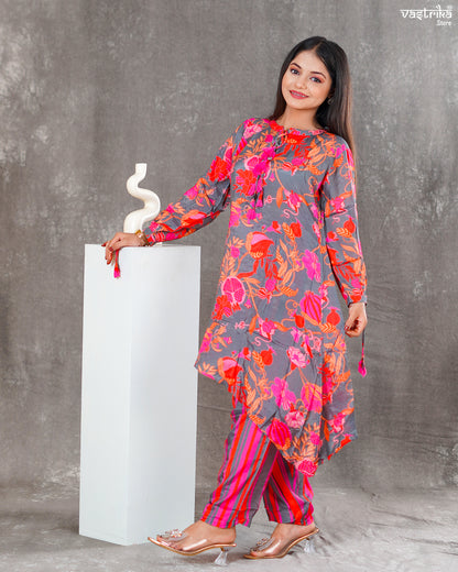 Maslin Silk Kurti Set with Dori & Print Detailing