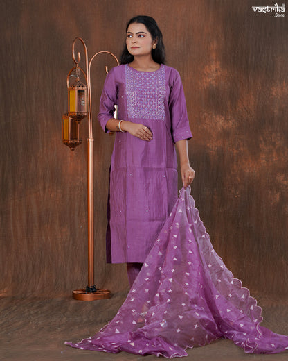 Cotton Kurti Set with Katdana & Handwork with Organza Dupatta