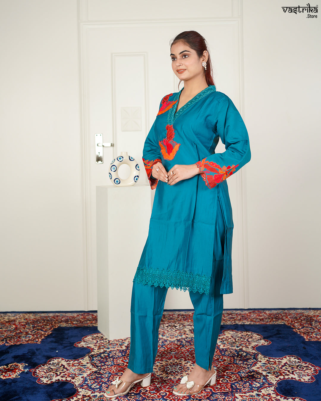 Firozi Roman Silk Coord Set with Thread Work