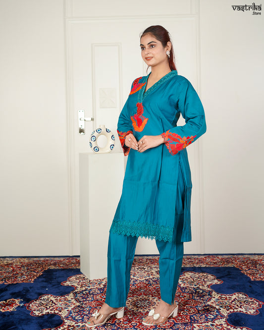 Firozi Roman Silk Coord Set with Thread Work