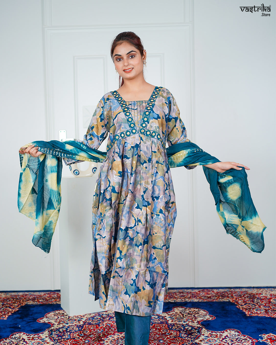 Firozi Maslin Aalia Cut Frock Set with Embroidered Dupatta