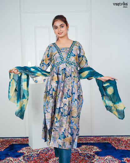 Firozi Maslin Aalia Cut Frock Set with Embroidered Dupatta