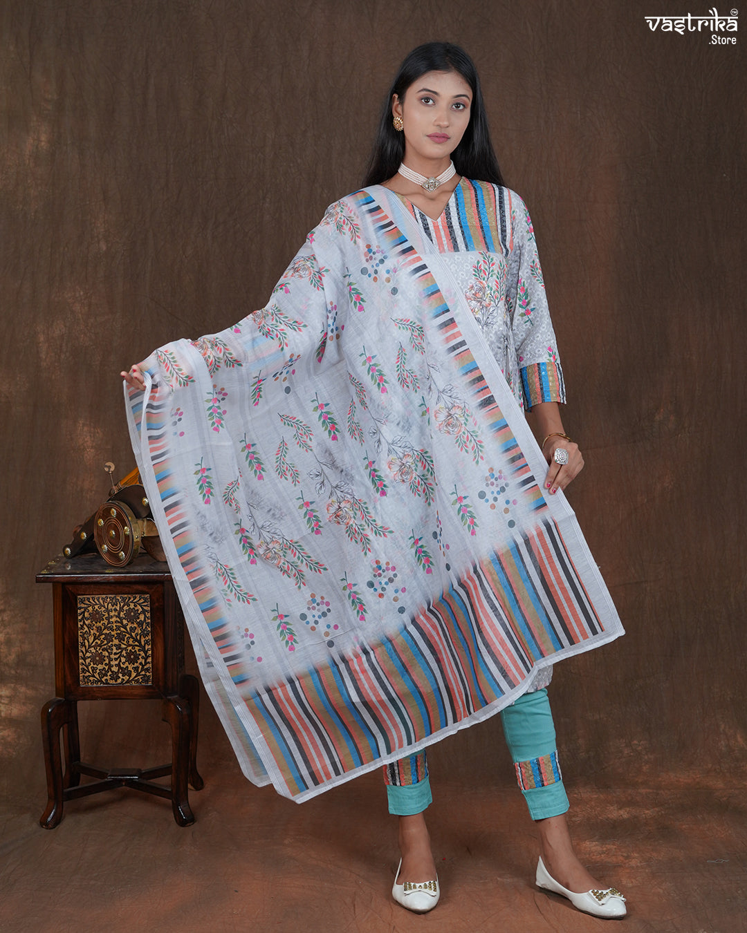 Cotton Frock Set with Chikan Work and Printed Chanderi Dupatta