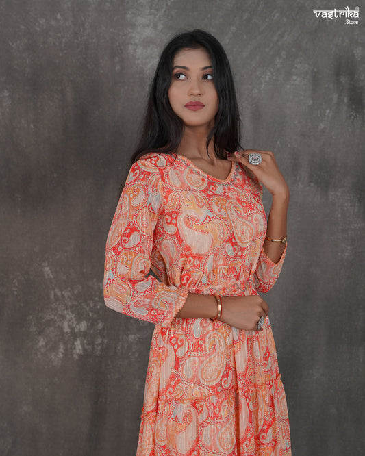 One-Piece Georgette Frock with Handworked Sequin Neckline & Belt