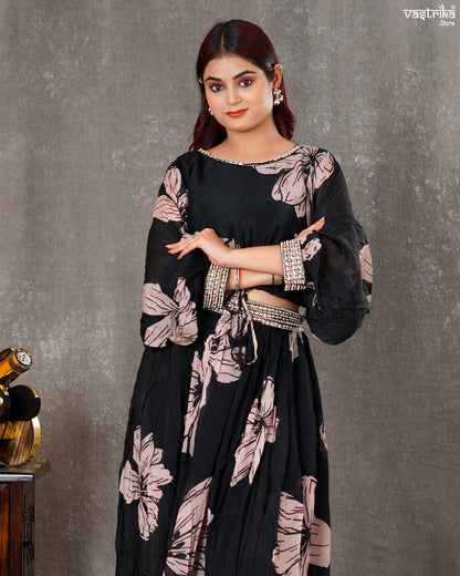 Black Chiffon Short Top with Skirt – Digital Print & Handwork