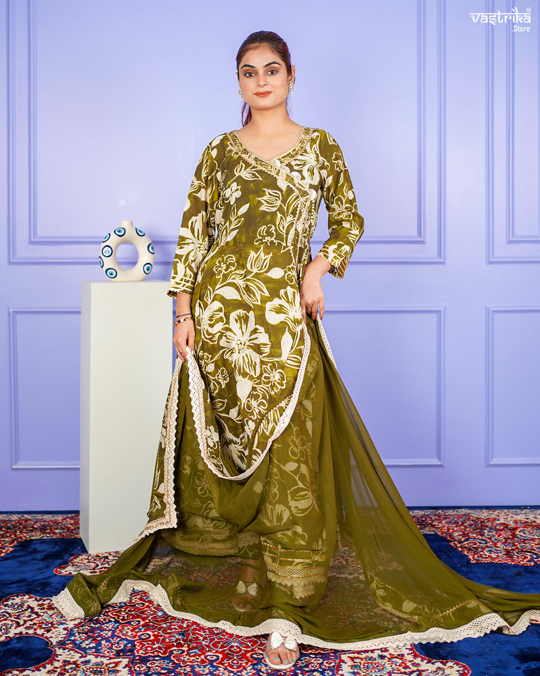 Mehndi Maslin Angrakha Frock Set with Gotti Pata Work