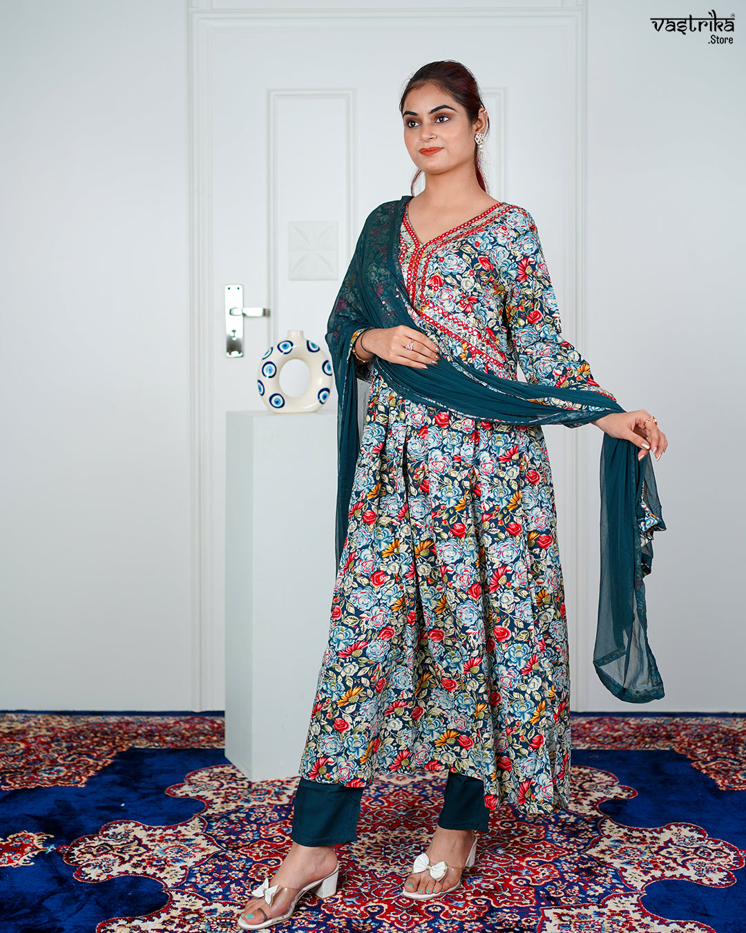 Firozi Ryon Cotton Aalia Cut Frock Set with Sequence & Thread Work