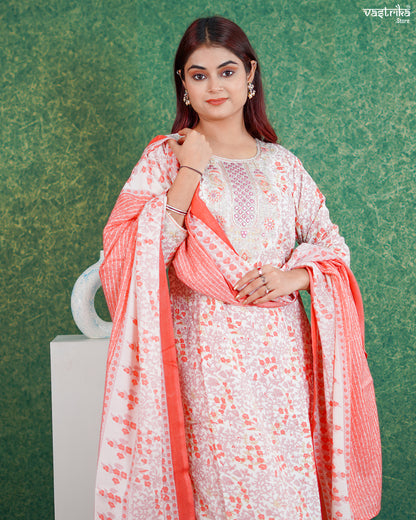 Orange Cotton Printed Kurti Set with Jari Work