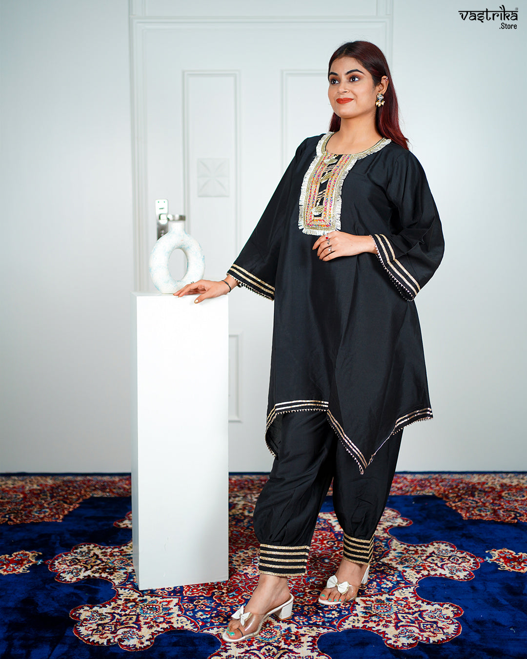 Black Roman Silk Kurti Set with Lace Work