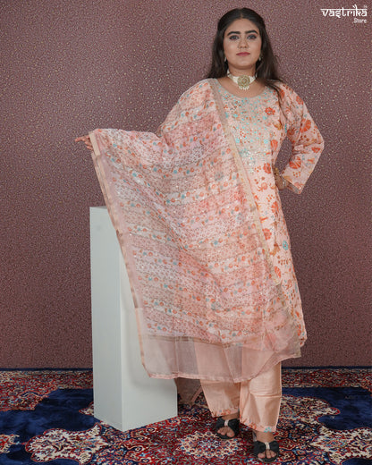 Straight Jari Work Kurti Set with Organza Dupatta