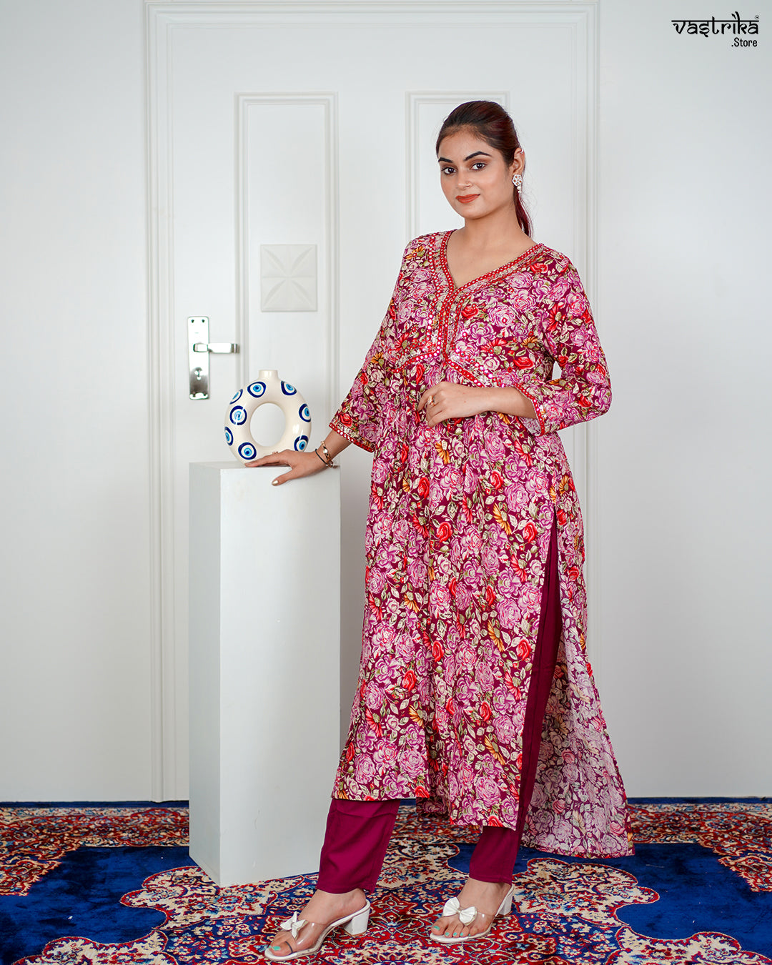 Wine Ryon Cotton Aalia Cut Frock Set with Sequence & Thread Work