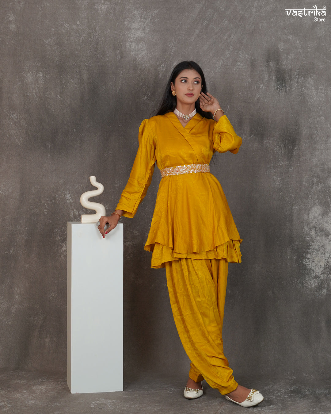 V-Collar Cord Set with Belt & Dhoti Salwar