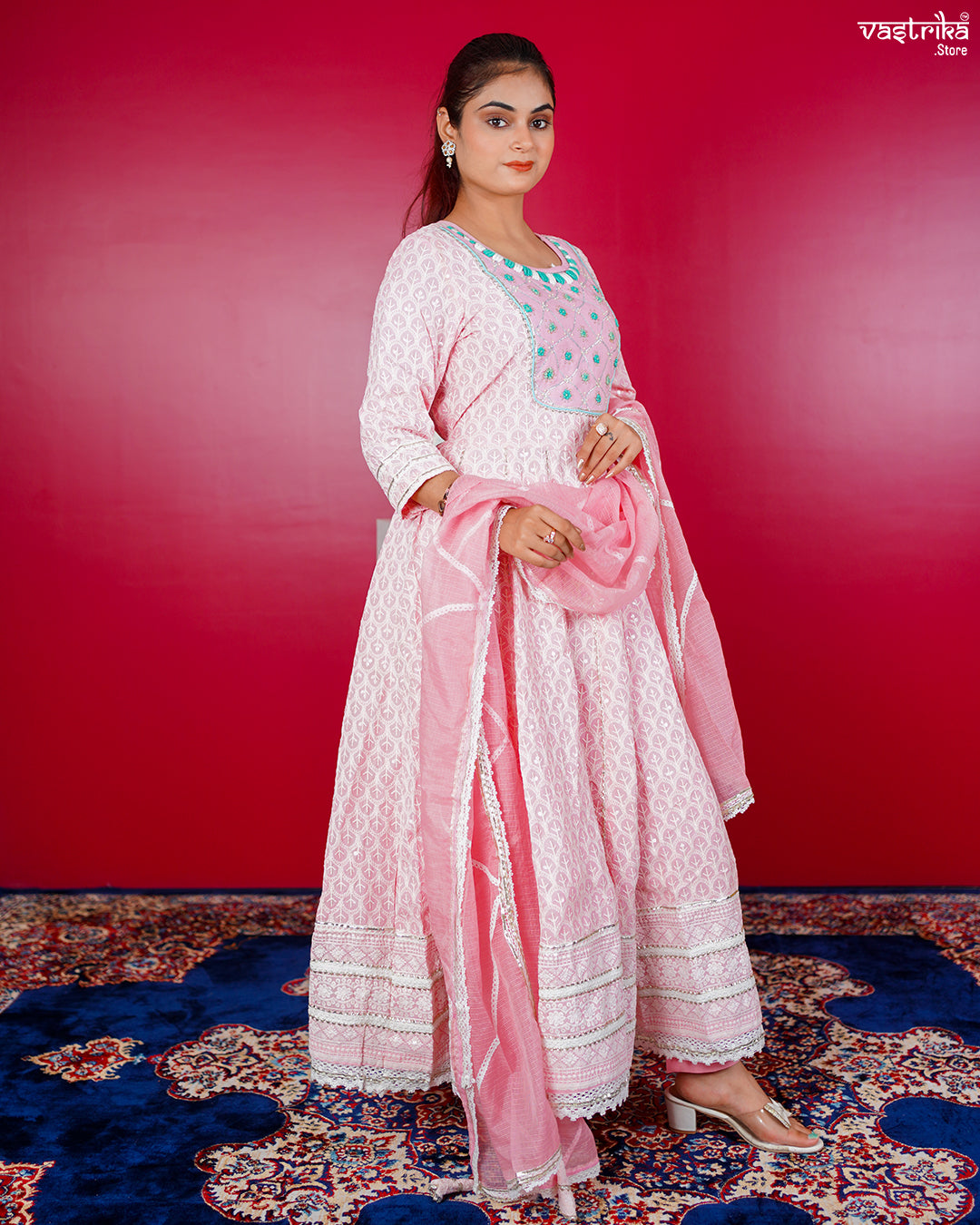 Pink Cotton Frock Set with Lace & Handwork