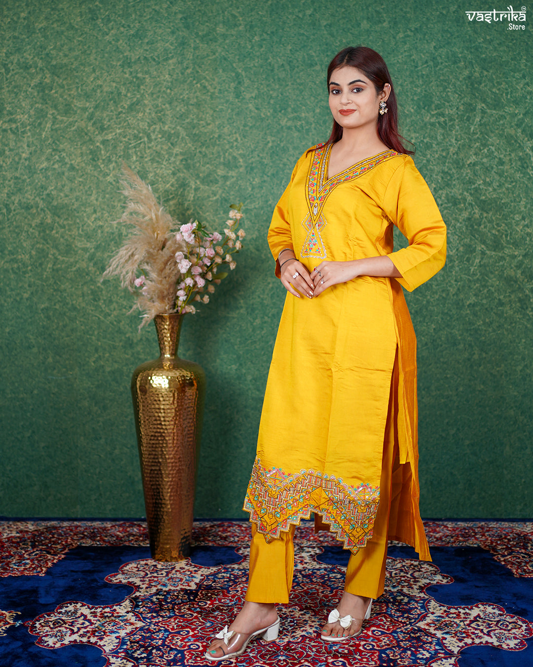 Mustard Roman Silk Kurti Set with Katdana & Thread Work