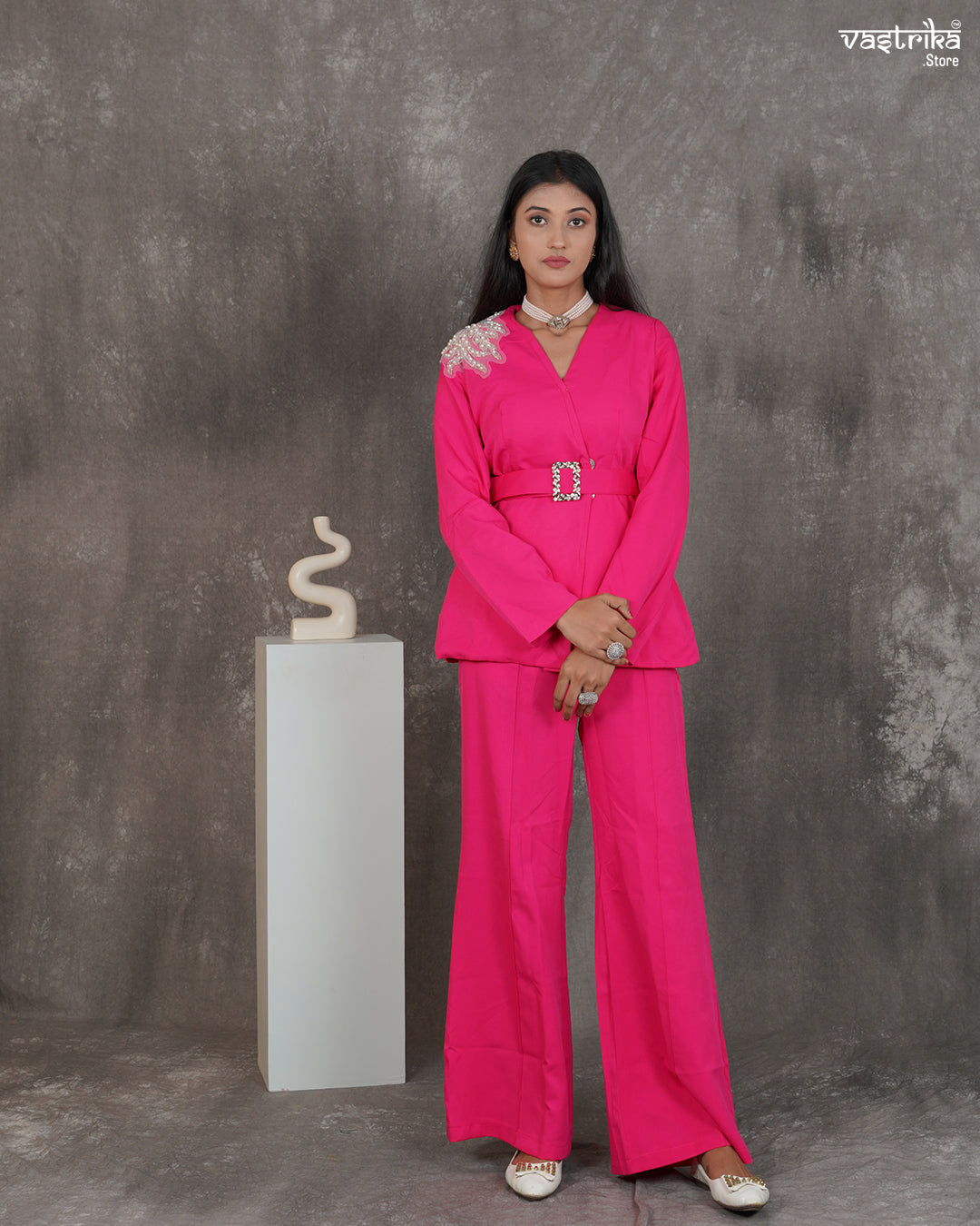 Crape Blazer-Style Cord Set with Belt & Shoulder Embellishment