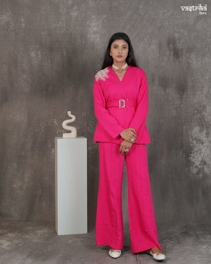 Crape Blazer-Style Cord Set with Belt & Shoulder Embellishment