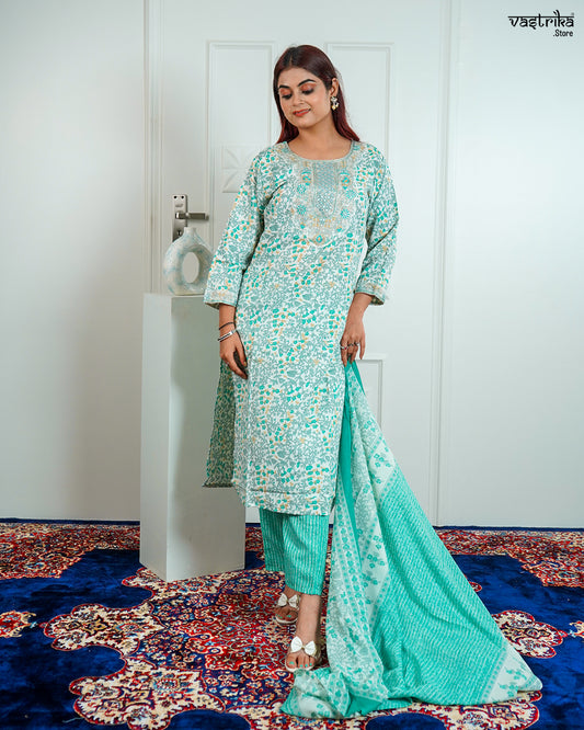 Sea Green Cotton Printed Kurti Set with Jari Work