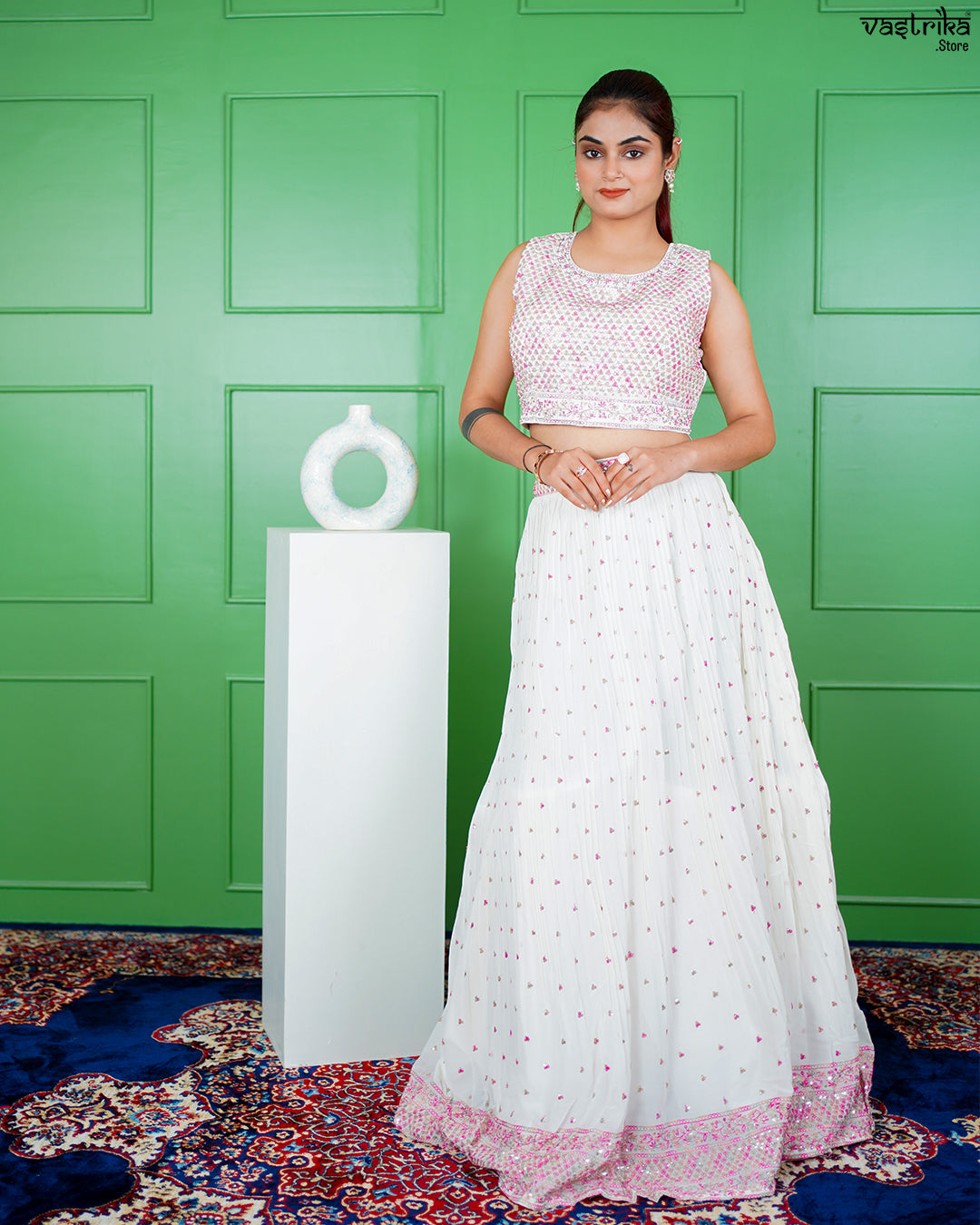 Off-White Georgette Crop Top with Skirt Set