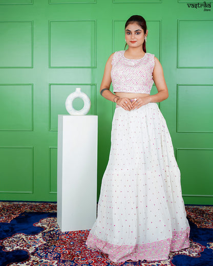 Off-White Georgette Crop Top with Skirt Set