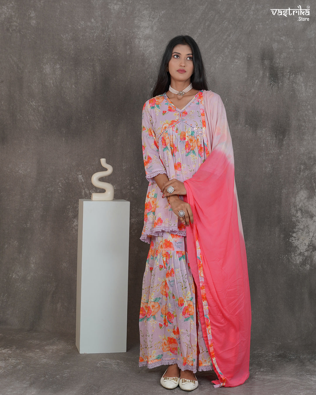 Alia-Cut Kurti & Printed Sharara Set with Resham Work Dupatta