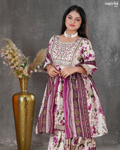 Purple Ryon Cotton Kurti with Sharara & Dupatta