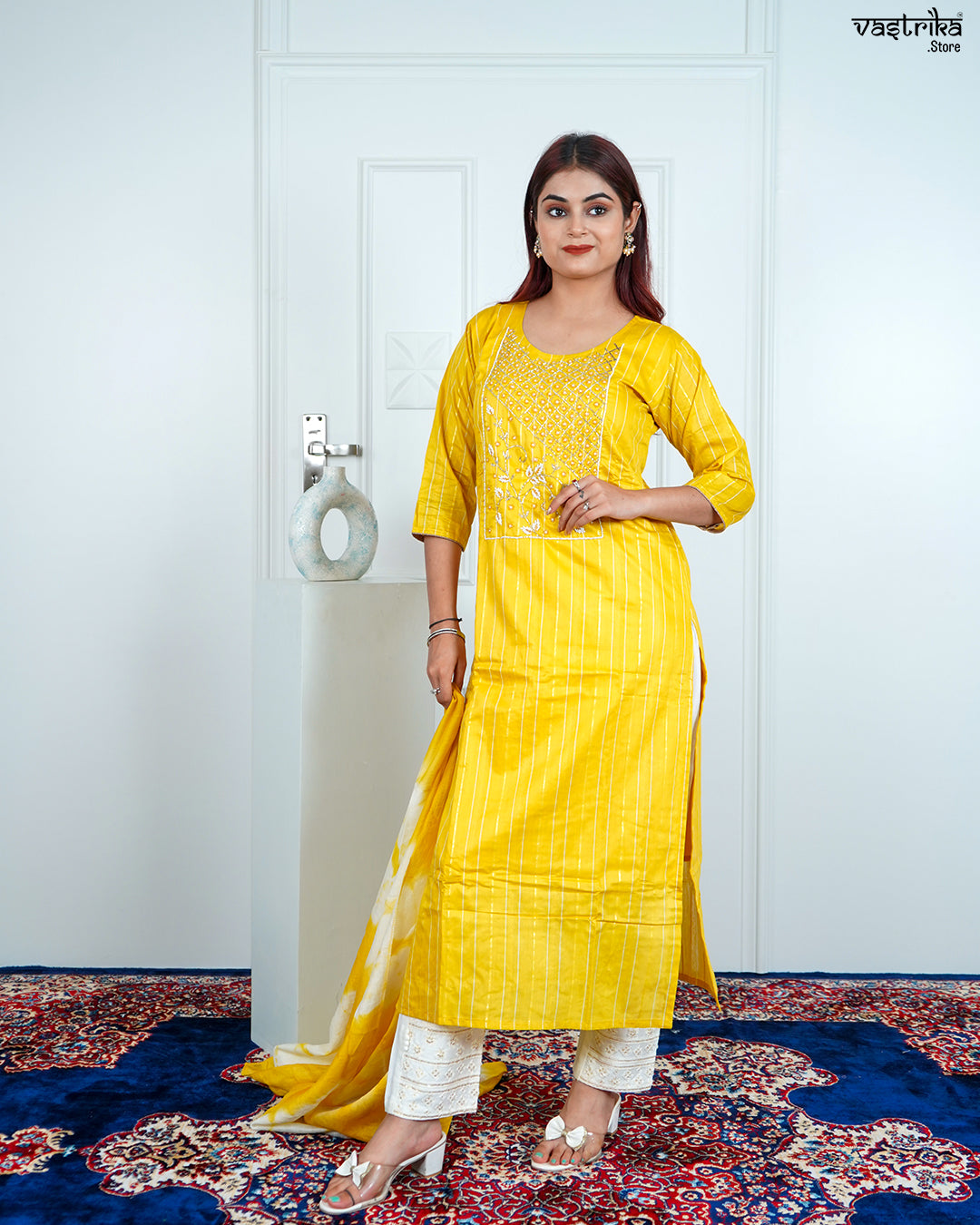 Yellow Chanderi Silk Kurti Set with Tie & Dye Dupatta