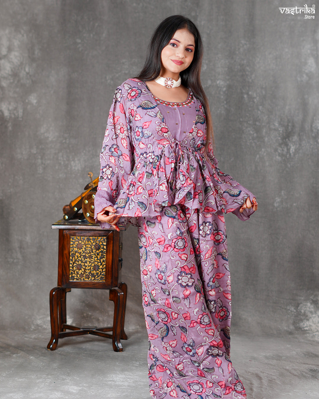 Purple Chinon Silk Short Top with Palazzo & Printed Shrug