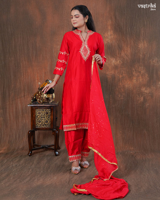 Silk Kurti Set with Jari & Sequin Work and Afghani Salwar