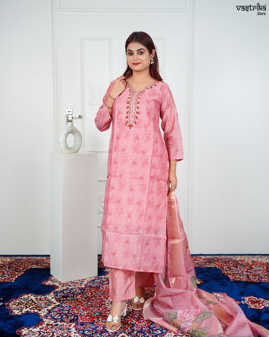Gajri Chanderi Silk Kurti Set with Banarasi Printed Dupatta