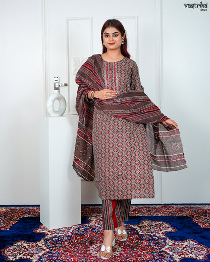 Brown Cotton Printed Kurti Set with Mirror & Thread Work