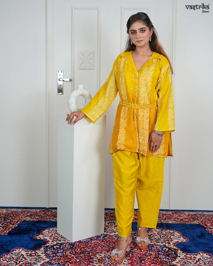 Yellow Silk Coord Set with Kadhai & Sequence Work