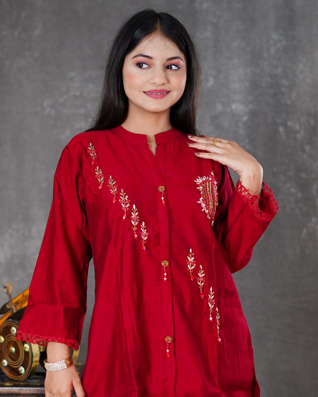 Maroon Silk Coord Set with Handworked Collar