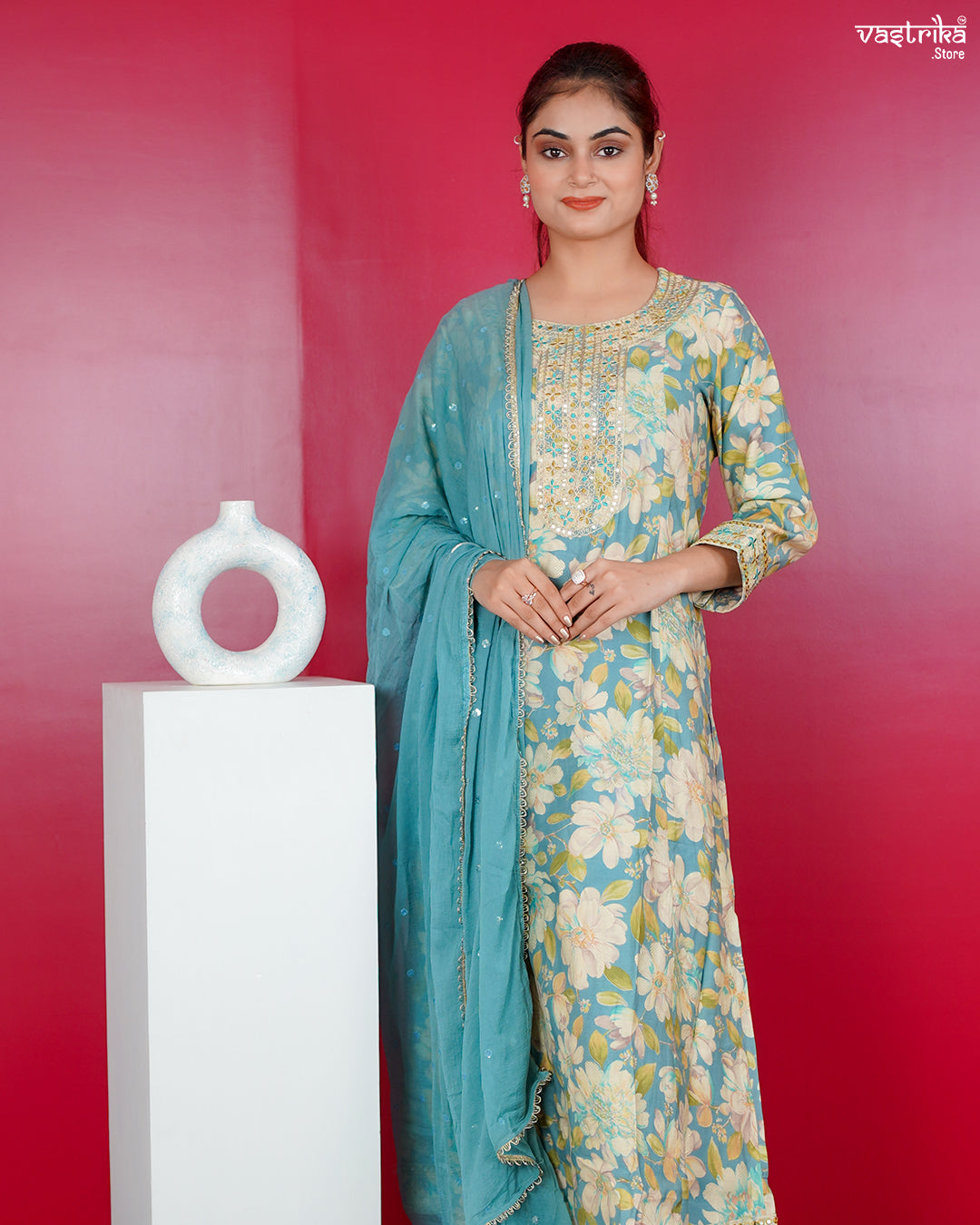 Firozi Maslin Frock Set with Jari & Sequence Work