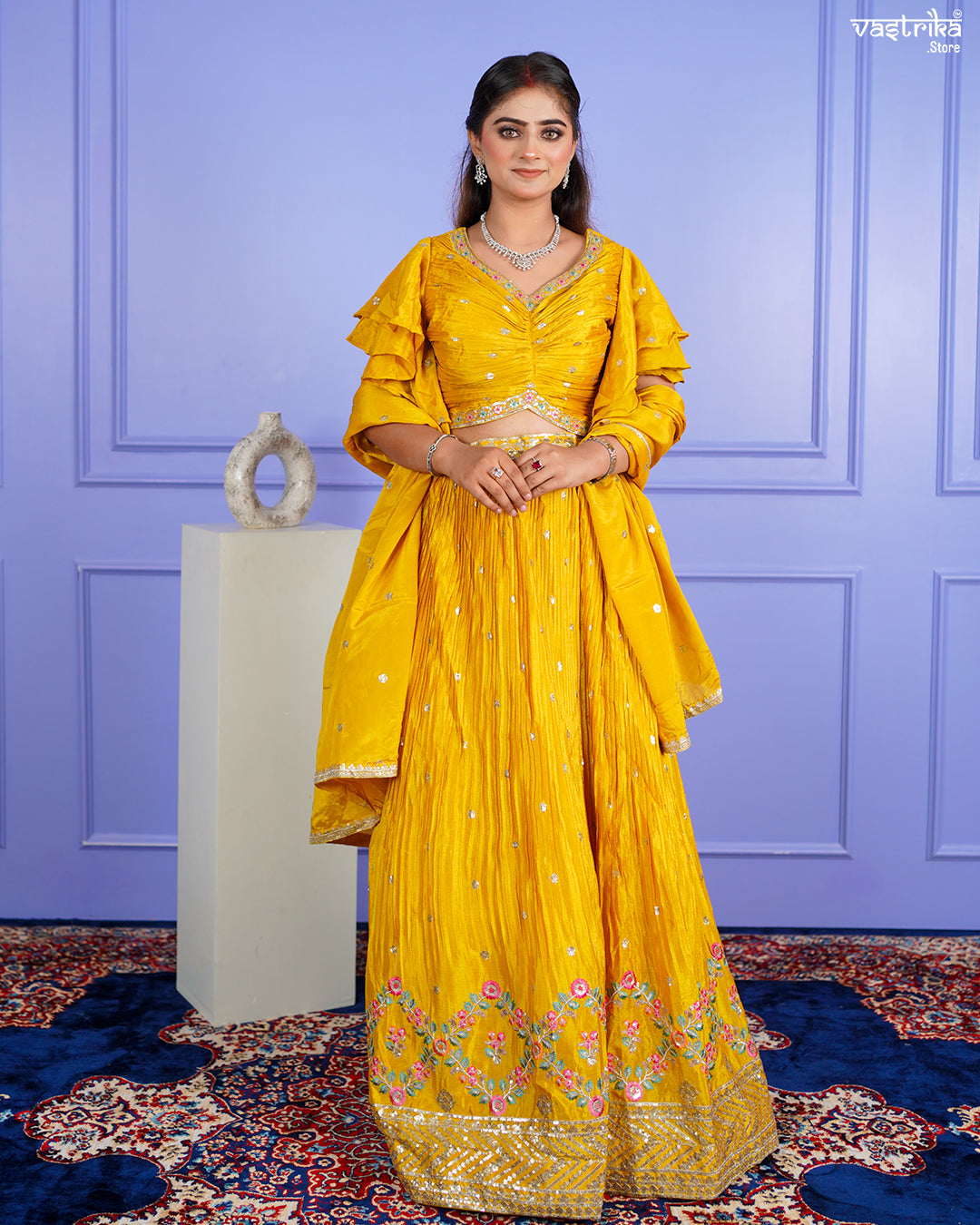 Mustard Chinon Crop Top with Skirt Set