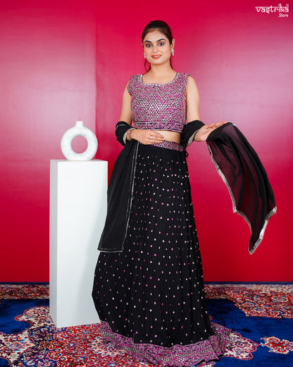 Black Georgette Crop Top with Skirt Set