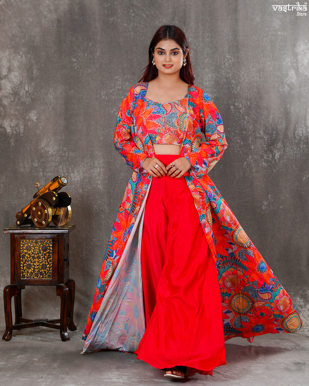 Maslin Crop Top with Flapper, Shrug & Crape Palazzos