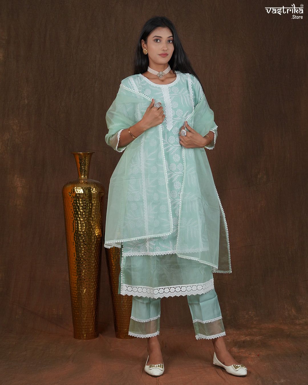 Grey Roman Silk Pakistani Work Suit Set