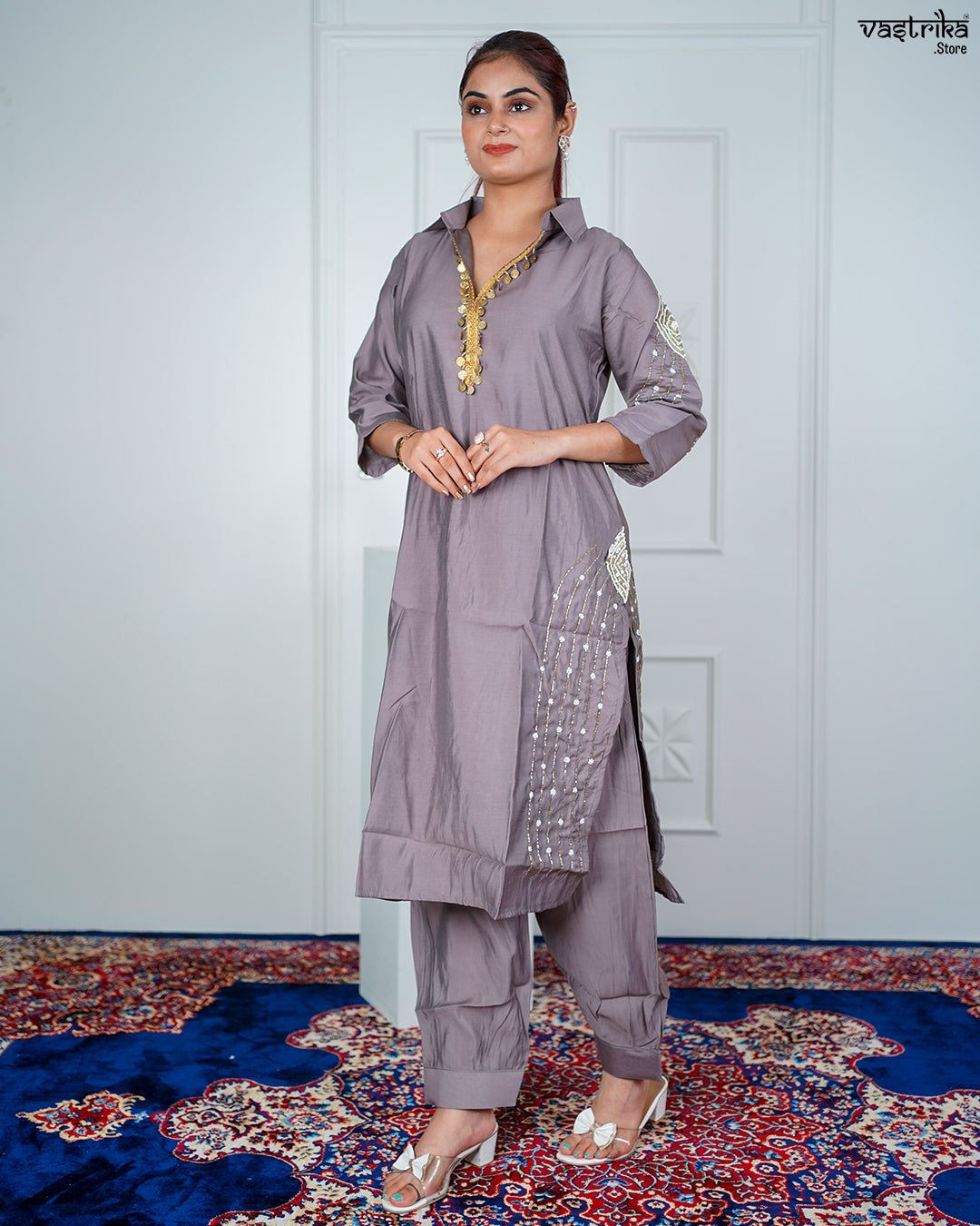 Grey Masleen Coord Set with Handwork & Sequence