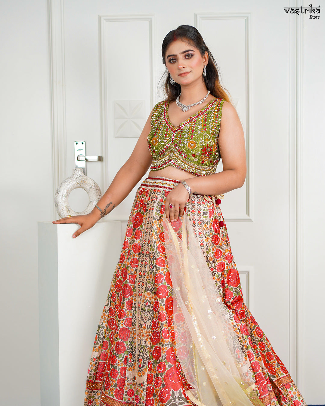 Fawn Silk & Khadi Silk Crop Top with Skirt Set