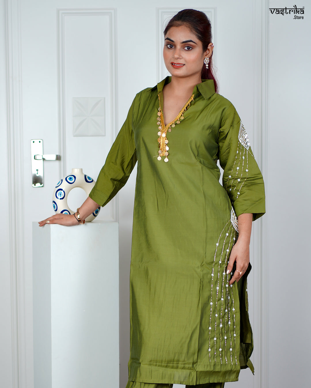 Mehndi Masleen Coord Set with Handwork & Sequence