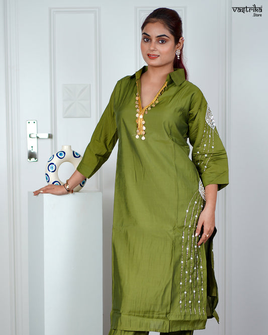 Mehndi Masleen Coord Set with Handwork & Sequence