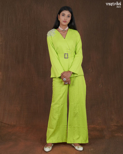 Crape Blazer-Style Cord Set with Belt & Shoulder Embellishment