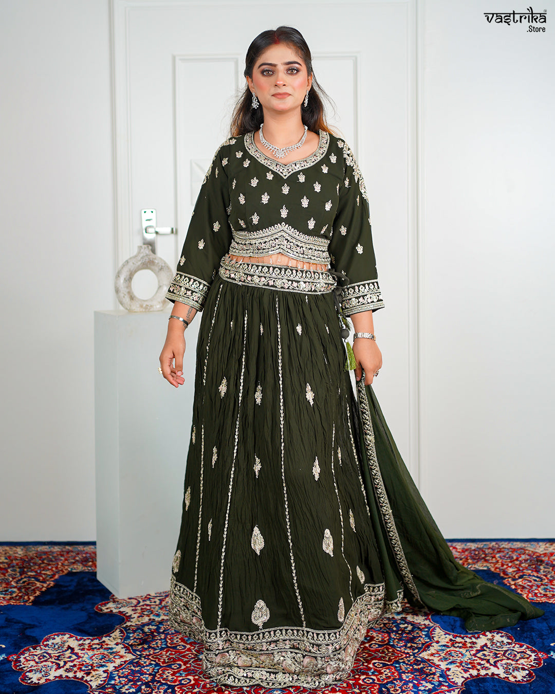 Mehndi Georgette Crop Top with Skirt Set