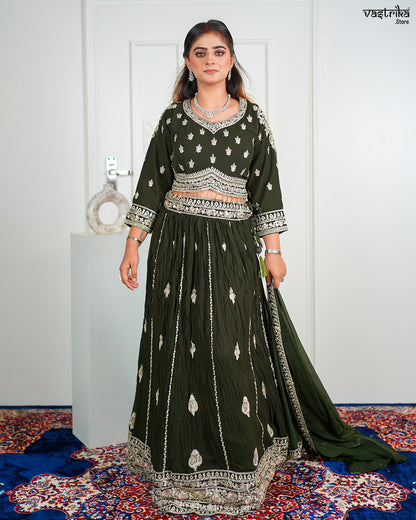 Mehndi Georgette Crop Top with Skirt Set