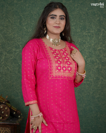 Resham & Thread Work Kurti Set with Block Print Pants