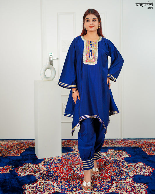 Blue Roman Silk Kurti Set with Lace Detailing